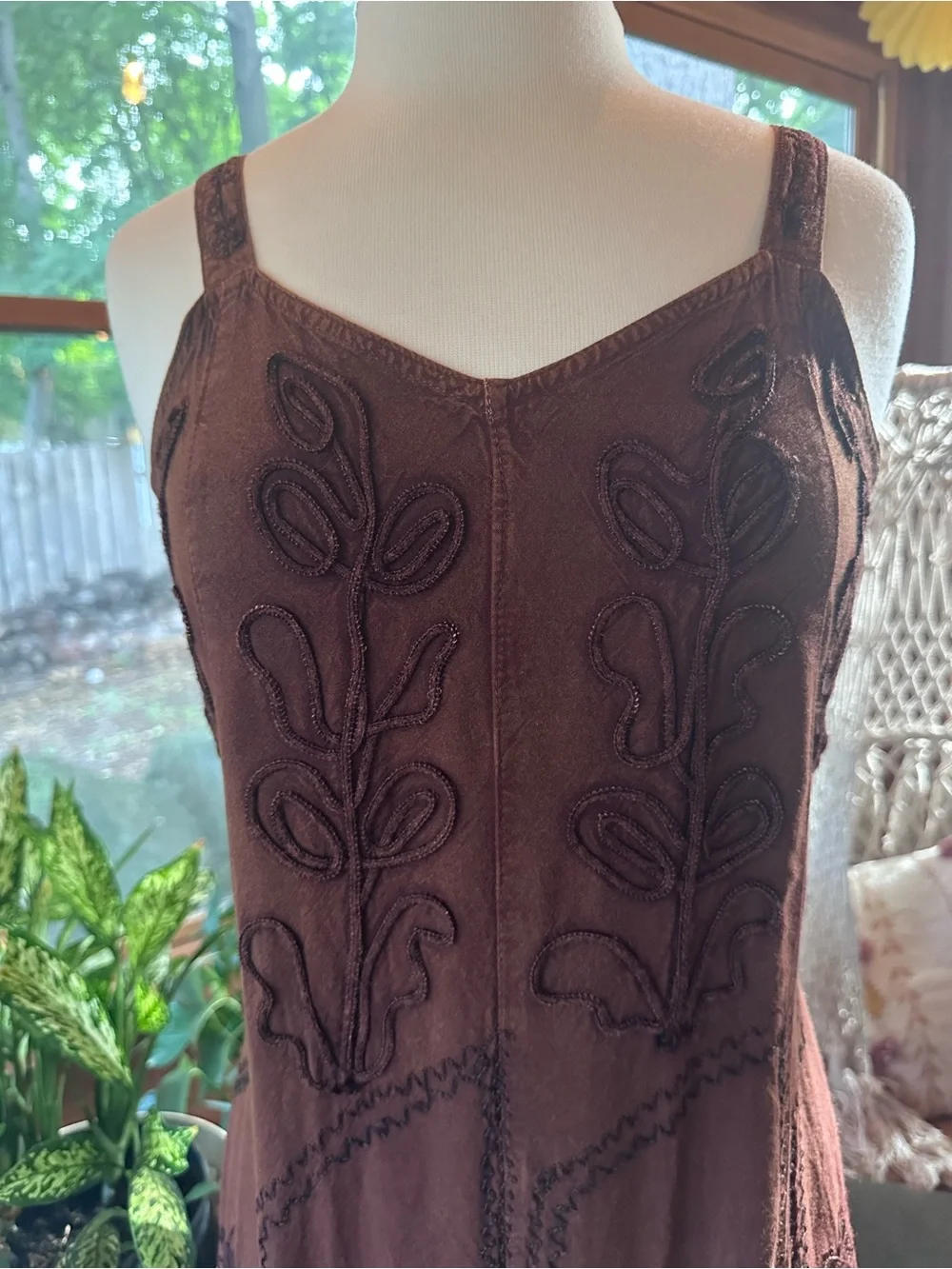 Chocolate Brown Embroidered V-Neck Maxi Dress Boho